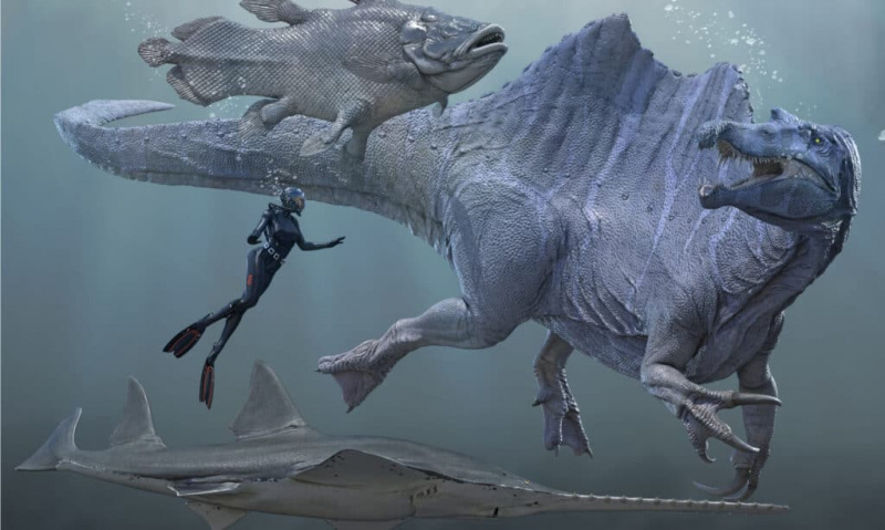   Spinosaurus amb peixos prehistòrics