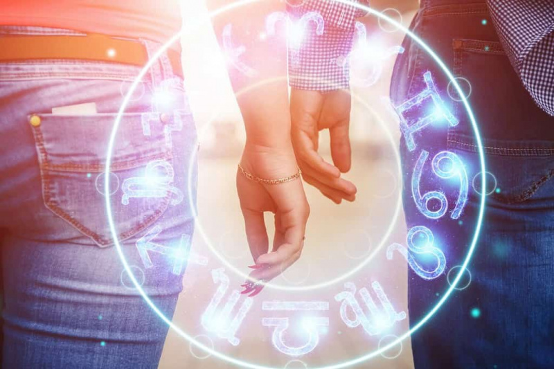 Koncept horoskopa, par fant in dekle na ozadju kroga z znaki zodiaka, astrologija. Konceptualna fotografija para s popolnim ujemanjem med znaki zodiaka