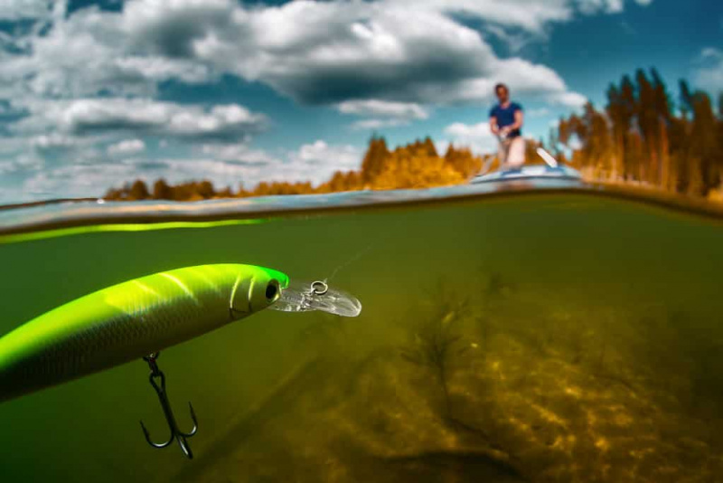   Razdeljen posnetek moškega, ki v ribniku lovi ribe s plastično plavajočo vabo
