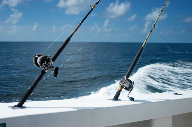   Штап за пецање у дубоком мору и колут(е) који користе лигње као живи мамац у Мексичком заливу код обале Оранџ Бича, Алабама, током сезоне црвеног шљунка.