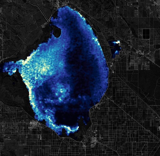   Šioje 2022 m. liepos mėnesio nuotraukoje iš kosmoso matyti, kad pusė Okeechobee ežero buvo padengta melsvadumbliais.
