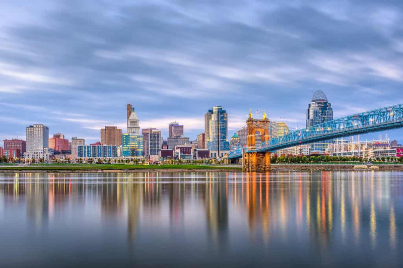   Cincinnati,,Ohio,,Usa,Skyline,On,A,folyó,Alkonyatkor.