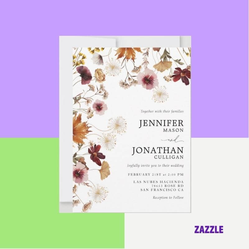   Сватбена покана за есенна флорална снимка в цвят бордо