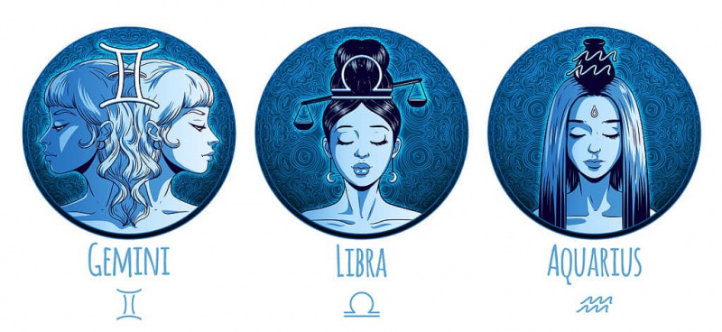   Tanda zodiak udara Gemini, Libra, Aquarius.